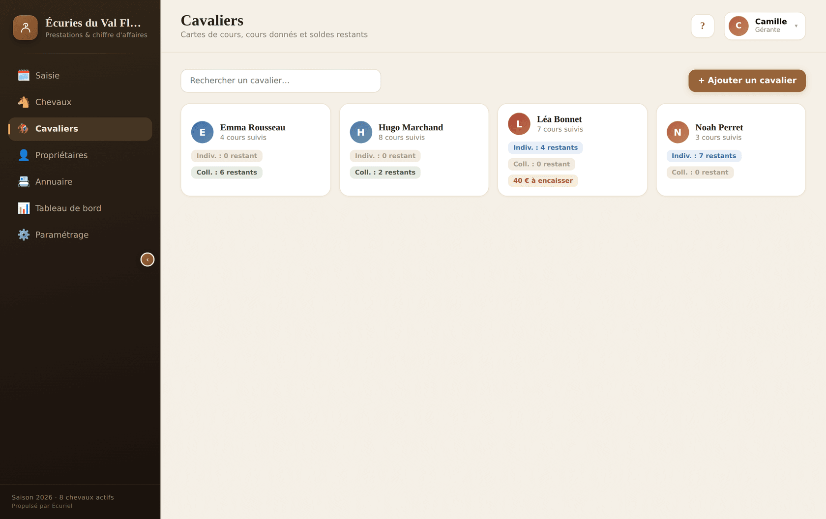 Gestion des cavaliers et cartes de cours